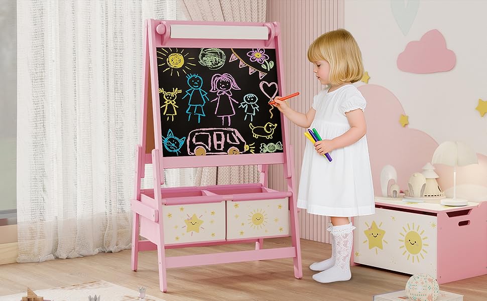 Дитяча мольберт-дошка AIYAPLAY 3-в-1 рожевий, 54x46x94 см, з паперовим рулоном та кошиками для зберігання, від 3 років