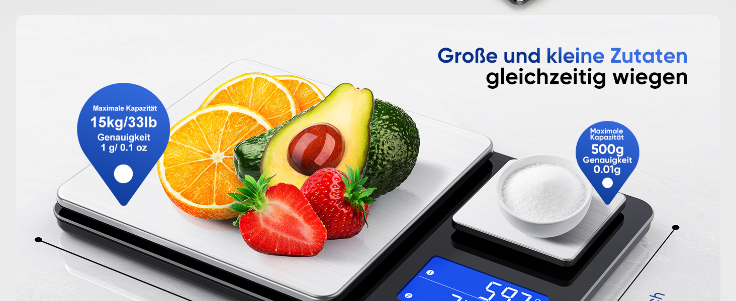 Цифрова кухонна вага 15 кг / 0,01 г, високоточна вага з двома дисплеями, функцією підсумовування та тарування, 7 одиниць вимірювання, для приготування їжі та випічки, з батарейками K600H