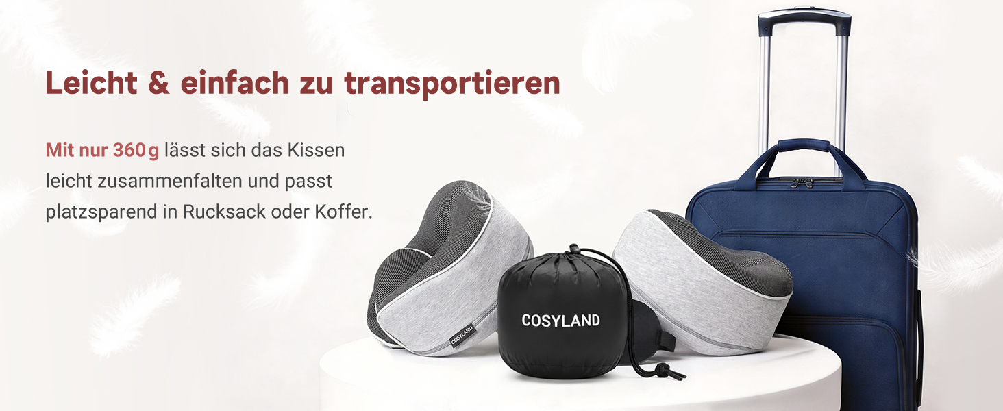 Подорожня подушка для шиї COSYLAND з ефектом пам'яті (Memory Foam) для літака та авто, ергономічна підтримка 360°, регульована, сіра (набір: чохол, маска для сну, беруші)