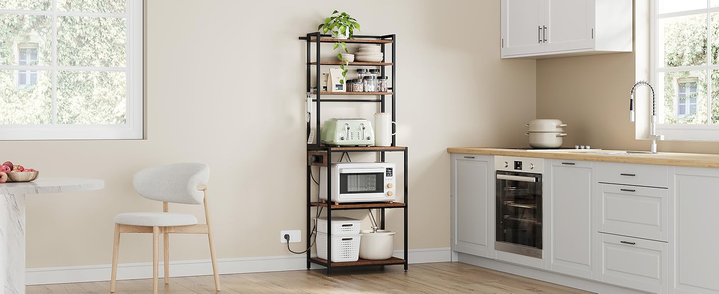 Кухонна полиця WOLTU з 6 ярусами, з розетками, мікрохвильова полиця з 6 гачками, полиця пекаря з металевим каркасом, регульовані полиці, Чорний+Рустикальне коричневий, 60 x 167 x 40 см