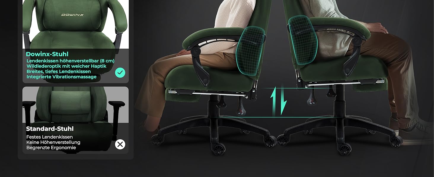 Ігрове крісло Dowinx з масажем попереку, регульованою підголівником, потовщеним сидінням, висувною підніжкою, регульованими підлокітниками, мікрофіброю велюром, нахилом 160°, (зелене)