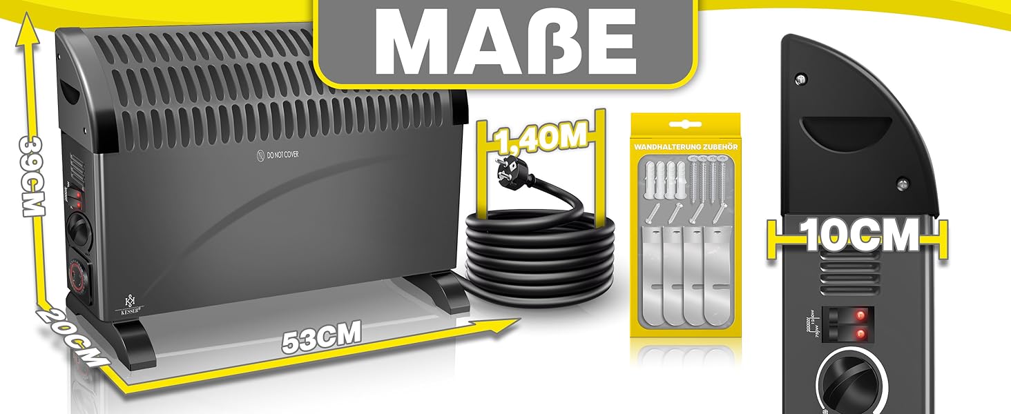 Конвектор KESSER 2000 Вт з таймером 24 год, захистом від замерзання, терморегулятором, турбонагрівом, 3 режими, ручки для перенесення, чорний