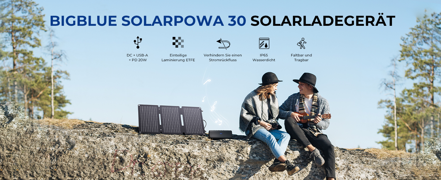 Сонячна панель BigBlue 30 Вт ETFE з підставкою, портативна сонячна панель SolarPowa 30 з роз'ємами постійного струму, порти PD20W USB-C/USB-A, IP65, сумісний з мобільним телефоном, Samsung, планшетом, невеликою електростанцією