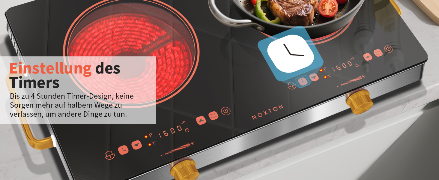 Плита електрична подвійна NOXTON з ручкою 3200W, склокерамічна, 2 конфорки, таймер, захист від дітей - для кухні, кемпінгу