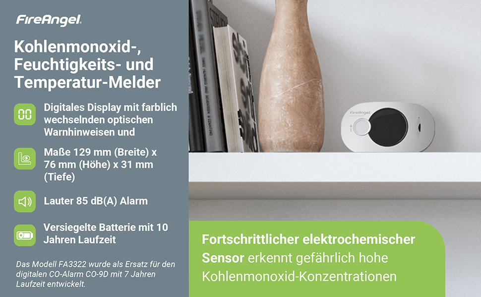 Детектор чадного газу Fire Angel FA3322 з акумулятором 10 років - CO-метр, для дому та подорожей