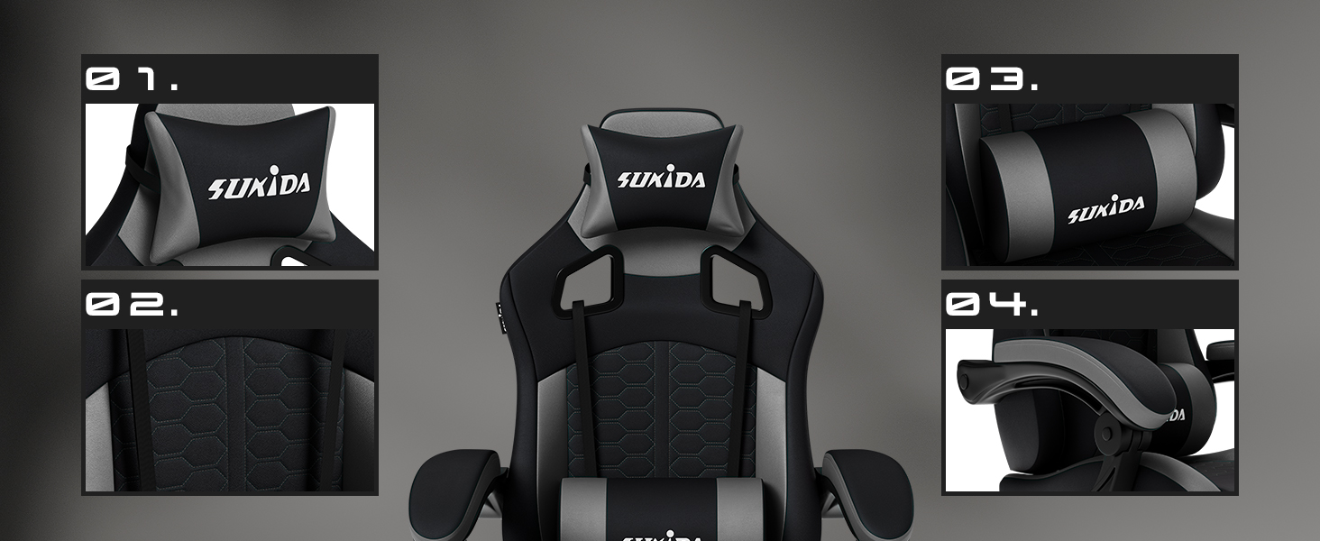 Ігровий крісло SUKIDA з підніжкою, ергономічний, для геймінгу та офісу, сірий