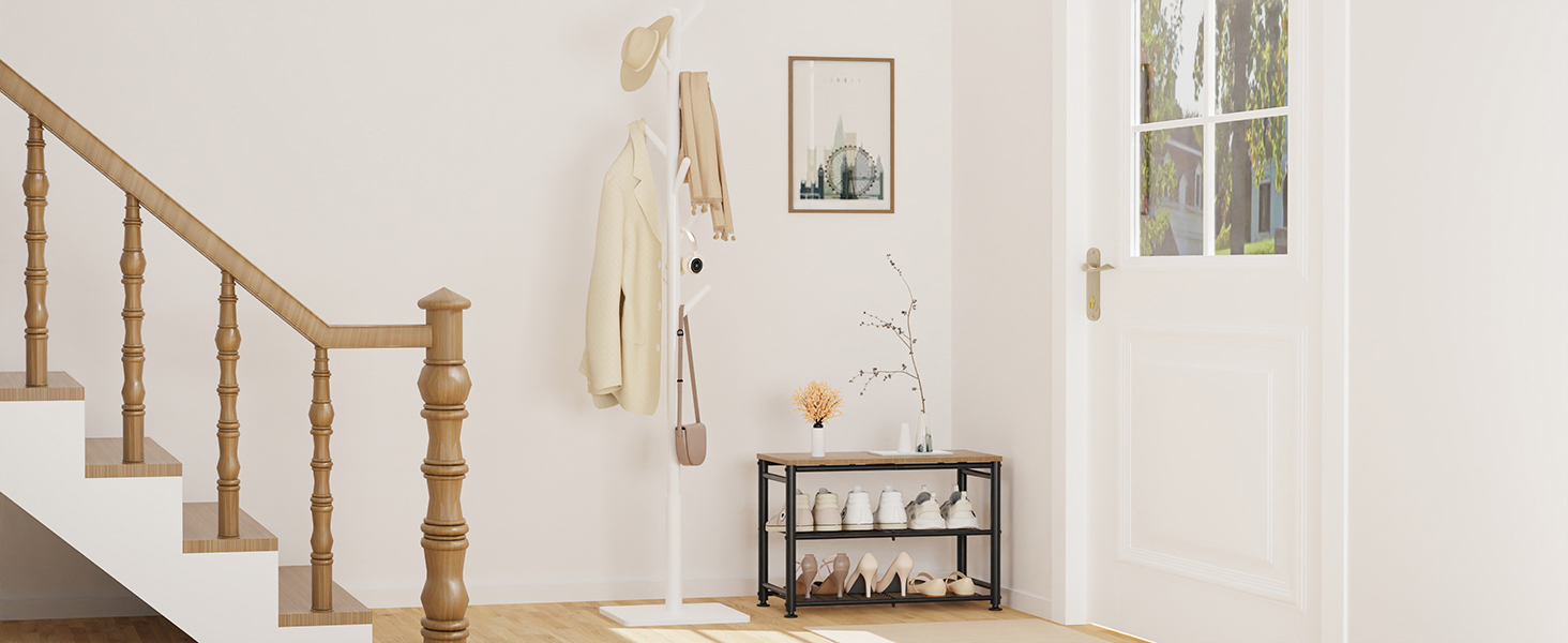 Підвісна вішалка для одягу з масиву дерева, дерев'яна вішалка для одягу, 8 гачків, 3 регульовані висоти, 30x30x180 см, білий колір