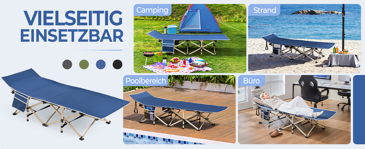 Розкладне кемпінгове ліжко Yaheetech для відпочинку та риболовлі, темно-синє, витримує до 150 кг, з кишенею та сумкою для транспортування