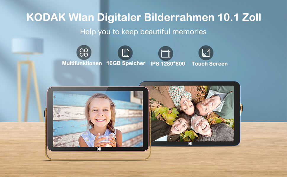 Цифровий фоторамка Kodak з акумулятором, Wi-Fi, 10 дюймів, 32 ГБ, сенсорний HD IPS екран, фото/відео/музика, Bluetooth, керування через додаток, блакитний