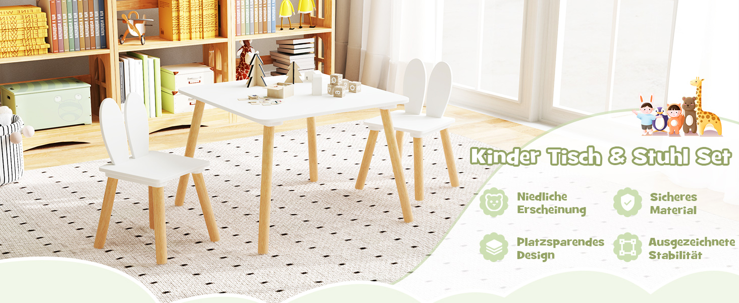 Дитячий стіл з 2 стільцями COSTWAY, 3 шт. - дитяча меблева група з масивних ніжок та спинка у вигляді вушок кролика, квадратний ігровий стіл, меблі для дітей 3-6 років (білий)