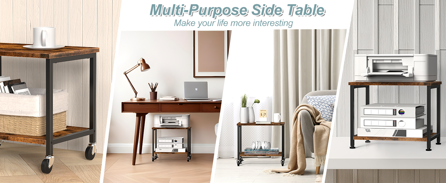 Двоярусний столик для принтера з роликами, 30x42x37 см, дерев'яний та металевий, мобільний, для офісу та вітальні (колір: коричневий)