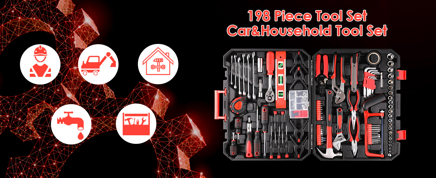 Набір інструментів TLGREEN 198 предметів у кейсі: побутовий, з тріскачкою, набором головок, викрутками – червоно-чорний
