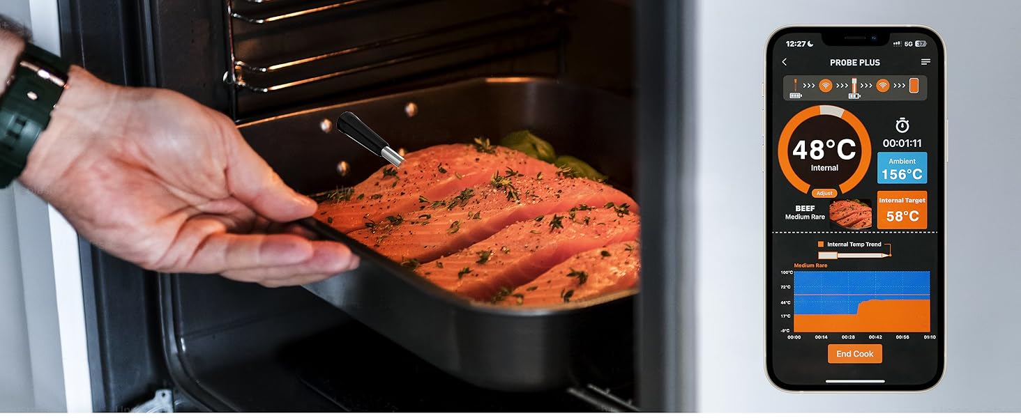 Термометр для м'яса з дистанційним моніторингом 130 м, для гриля, духовки, коптильні та кухні, термометр для гриля, IPX7 водонепроникний, відстеження температури в реальному часі, сумісний з iOS/Android, сріблясто-сірий