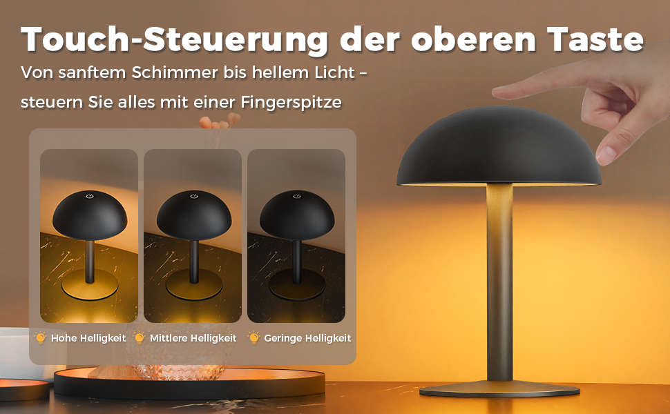 FUYO Грибний світильник без дротів - настільна лампа з сенсорним керуванням, регулюванням яскравості та функцією пам'яті, сучасний дизайн для спальні, вітальні та кемпінгу (Чорний)