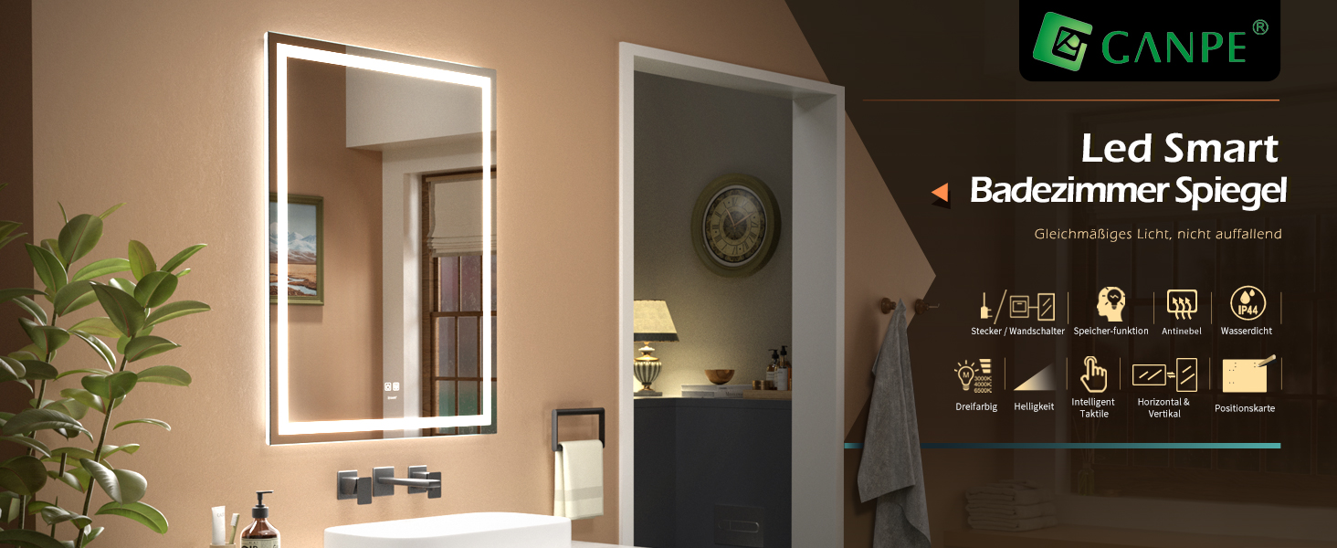 Дзеркало для ванної кімнати LED з підсвічуванням, комодне дзеркало для макіяжу, настінне, 6500K, антитуманне, IP44, 90 x 60 см