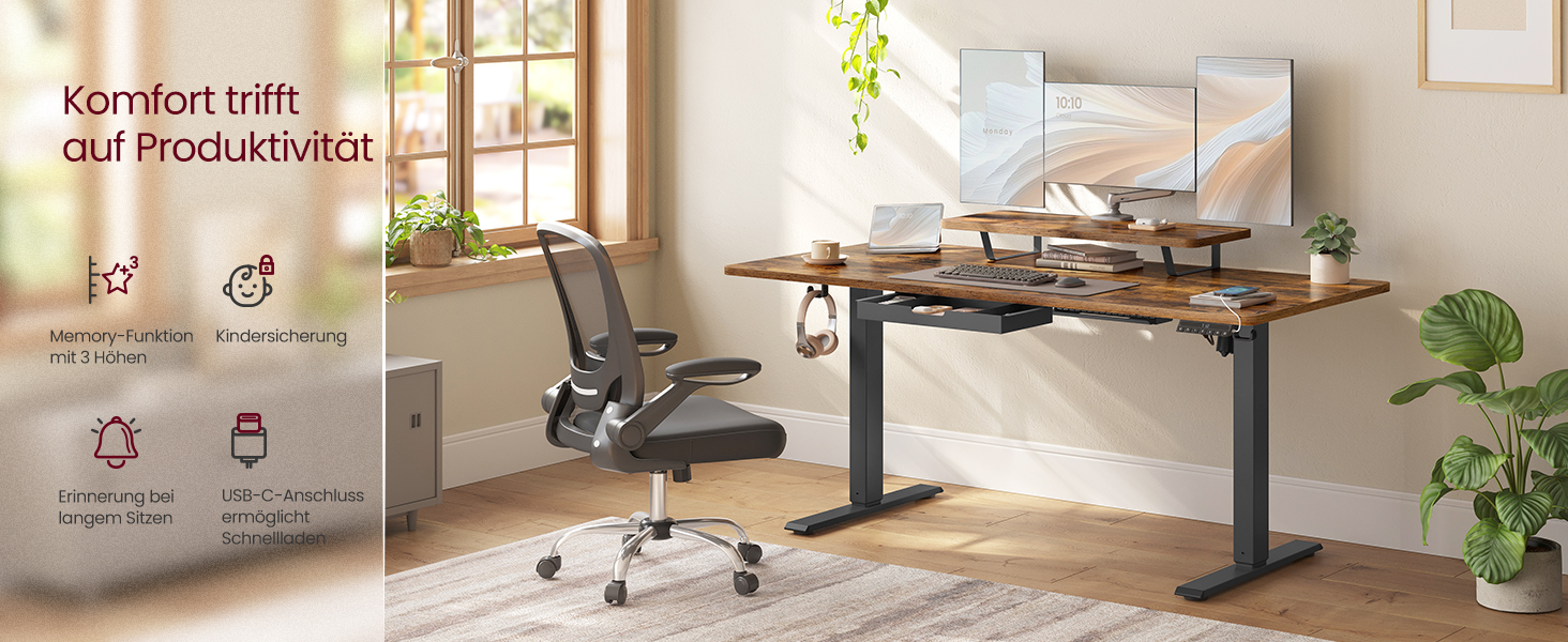 Стіл письмовий регульований по висоті VASAGLE з підставкою для монітора, шухлядою, USB-C та нагадуванням про перерви, 140 x 70 см, Vintage Brown