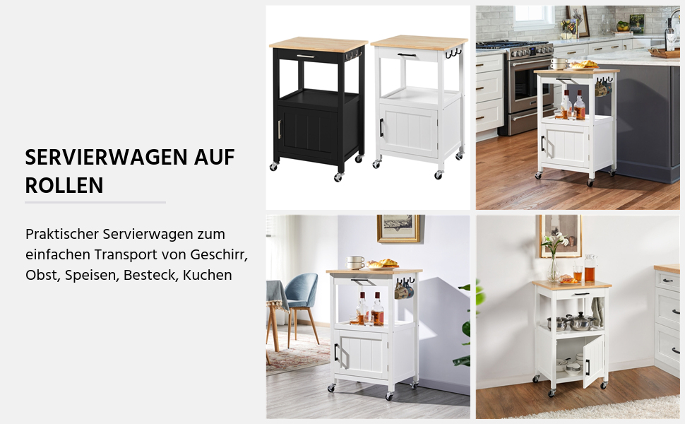 Кухонний візок Yaheetech на колесах з шафкою та полицею, 55x45x89 см, білий, у стилі кантрі