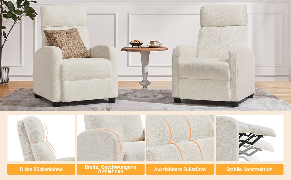 Крісло-релакс Yaheetech з регульованою підніжкою, крісло для телевізора, крісло-ліжак з тканини Boucle, колір слонова кістка