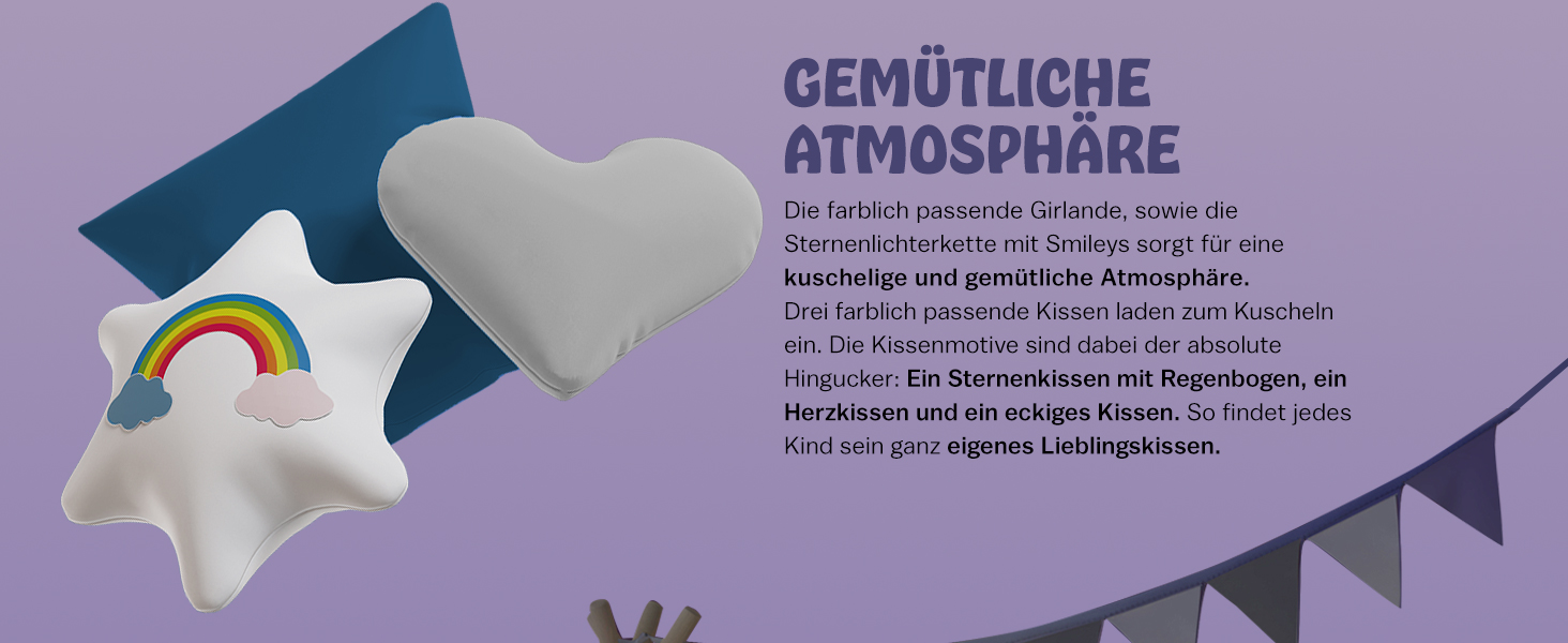 Дитяче намет-типі Spielwerk® з килимком, гірляндою та подушками (130x130 см), бавовна, дерево, сірий, блакитний