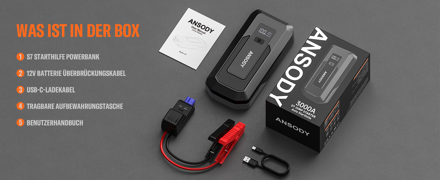 Бустерний пускач автомобіля 3000A Powerbank для авто 12V (до 10л бензин/8л дизель) з LED-ліхтарем та пусковими кабелями, сірий