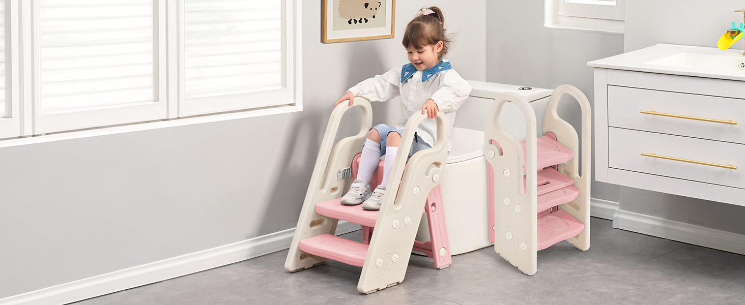 Дитячий табурет-сходинка Onasti: регульована висота, 2-3 сходинки, складна конструкція, багатофункціональний, для ванної, дитячої кімнати, кухні (зелений, рожевий)