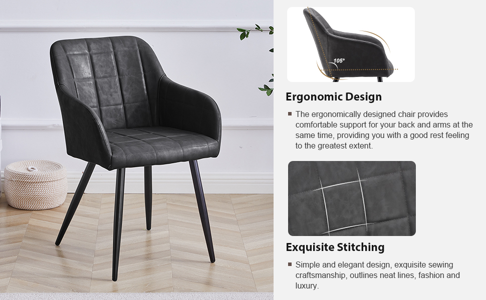 CLIPOP Комплект з 2-х обідніх стільців, з підлокітниками, з штучної шкіри, для кухні, вітальні, обідньої кімнати (штучна шкіра, темно-сірий)