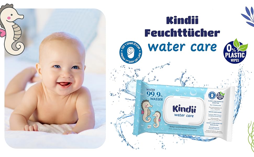 Дитячі вологі серветки Kindii Water Care 99,9% води, біорозкладні, 100% віскоза, без пластику, 960 шт (16 пачок по 60 шт)