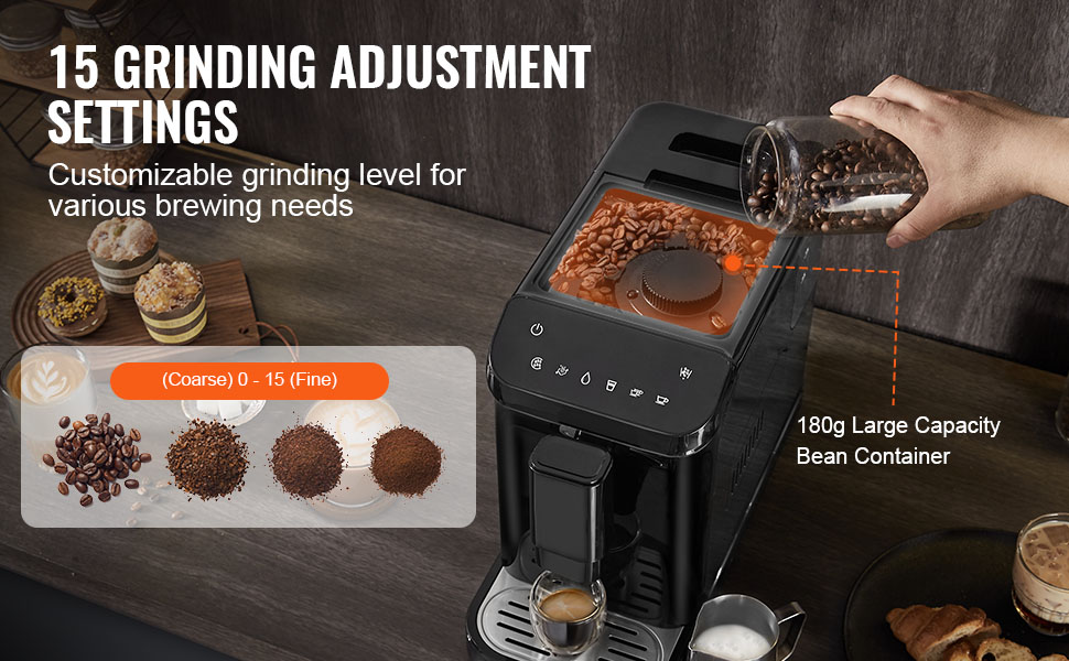 Автоматична кавомашина VEVOR CM9002E-GS з вбудованою кавомолкою, 15 ступенів помелу, об'єм резервуару для води 1,5 л, ємність для зерен 180 г