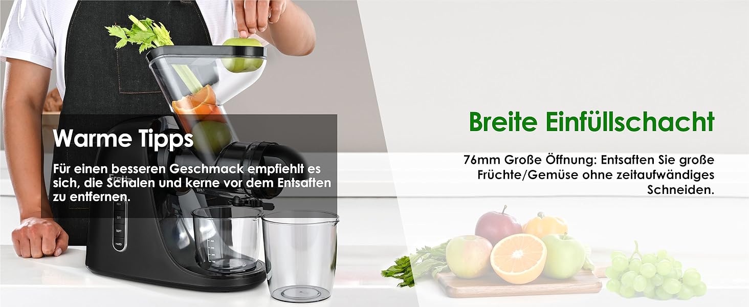 Електричний соковитискач Fretta Slow Juicer: холодний віджим, 76 мм, для овочів та фруктів, чорний