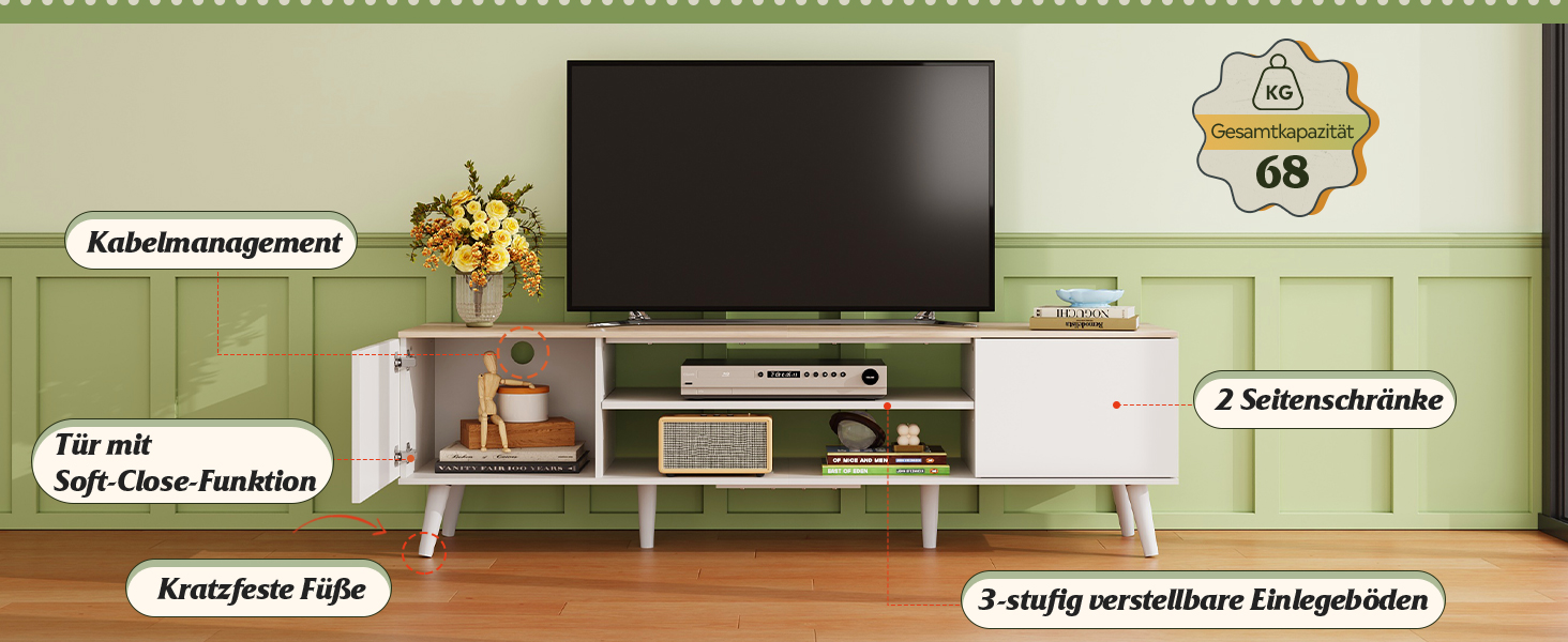 Тумба під телевізор WLIVE 160x40x47 см біла з двома дверцятами та відкритими полицями для вітальні, спальні, їдальні