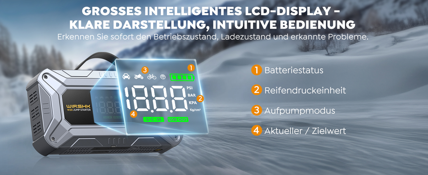 Портативний пусковий пристрій 8000A з повітряним компресором 160 PSI для бензинових та дизельних двигунів (до 10л), з дисплеєм та аварійною світлодіодною лампою
