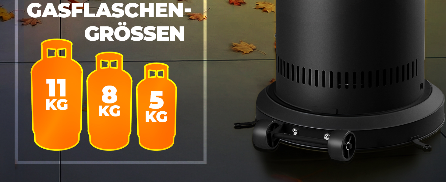 Газовий обігрівач TRESKO® 11 кВт на колесах | Обігрівач для тераси, балкона та саду | Газовий нагрівач-гриб з шлангом та регулятором (сріблястий)