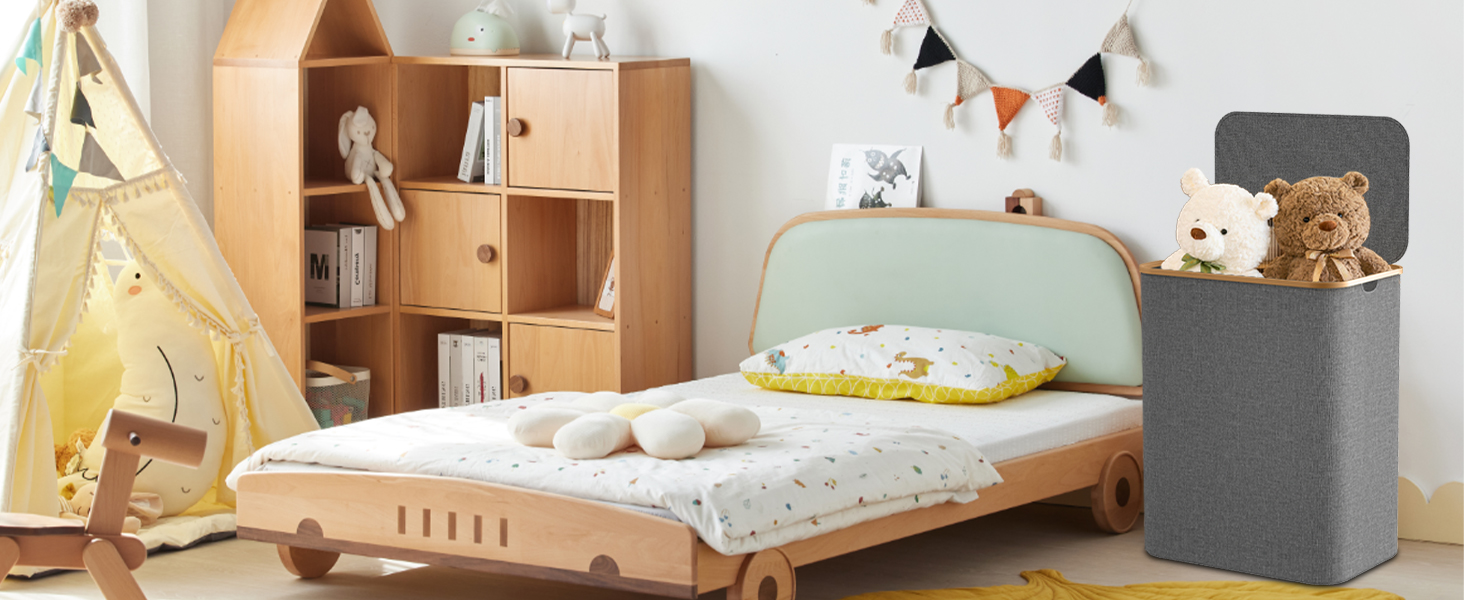 Кошик для білизни з кришкою 70л, вузький, з бамбуковими ручками та внутрішньою кишенею, складний, портативний, для пральні, йоги, темно-сірий 70л