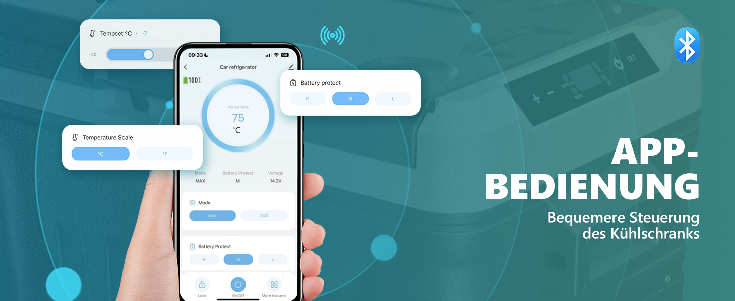 Автохолодильник EUHOMY 35л з Wi-Fi, 12/24V та 220V, портативний компресорний холодильник-морозильник (-20°C~20°C) з колесами та кошиками для подорожей, кемпінгу - чорний