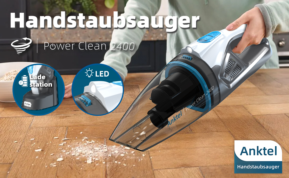 Акумуляторний ручний пилосос PowerClean 2400 для сухого та вологого прибирання з LED-підсвіткою, HEPA-фільтром та зарядною станцією, безмішковий