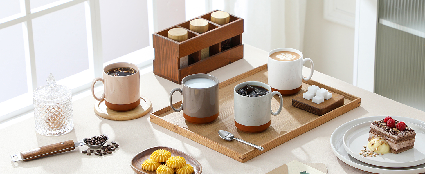 MALACASA Набір посуду з 24 предметів для 6 осіб, керамічний сервіз з реактивною глазур'ю, тепла колірна гамма. Включає: 6 тарілок для їжі, 6 тарілок для десерту, 6 супових тарілок, 6 мисок для мюслі. Колір: білий з коричневим низом (4 чашки для кави, багатоколірні).