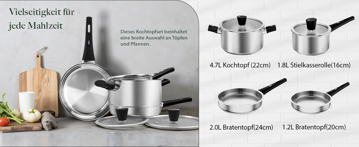 Набір каструль 6 шт. з нержавіючої сталі для індукційних плит, Cookware Set, нержавіюча сталь, без антипригарного покриття, сумісний з усіма типами плит, з кришкою та захистом від опіків, для посудомийної машини
