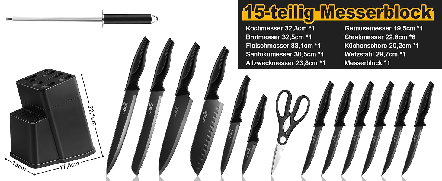 Набір кухонних ножів TEAMFAR 15 предметів з підставкою, нержавіюча сталь, з точильним каменем, антипригарне покриття, чорний