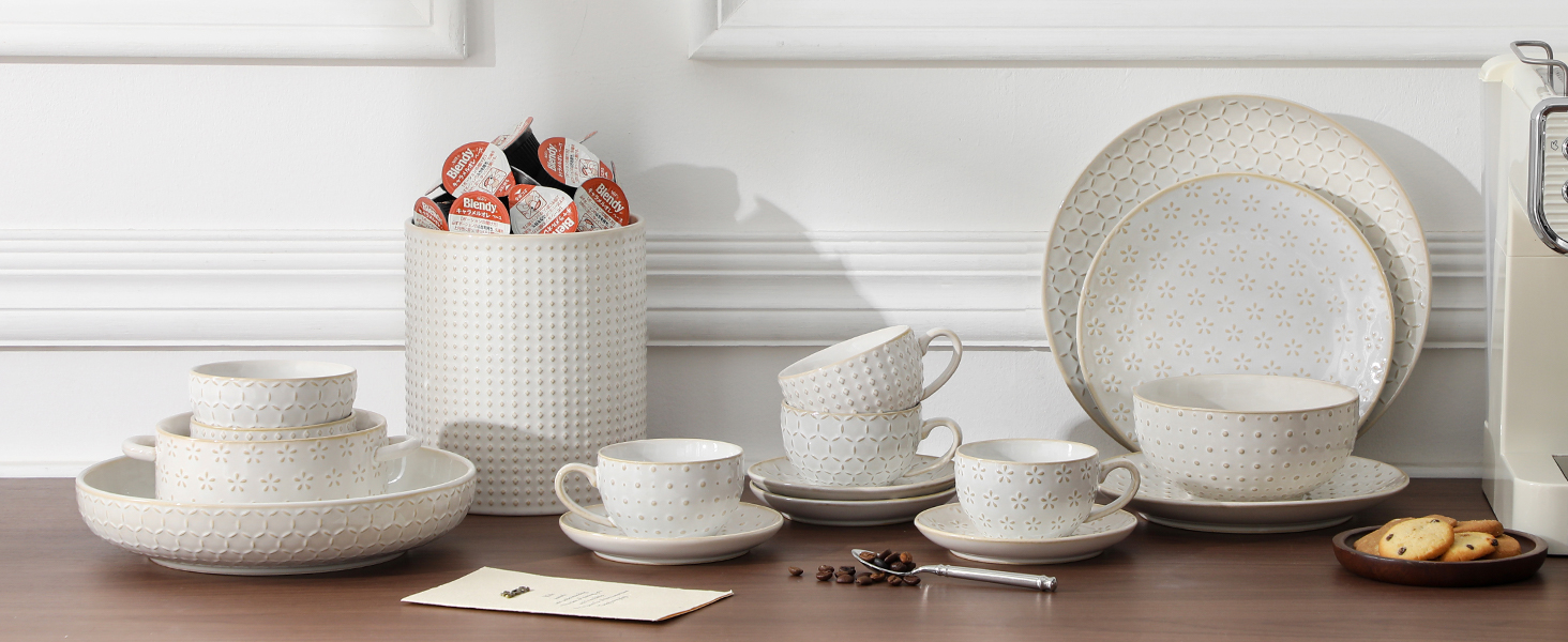 Набір посуду Malacasa LYDIA для 4 осіб (16 предметів): тарілки, чашки, чайний сервіз з рельєфом, бежевий