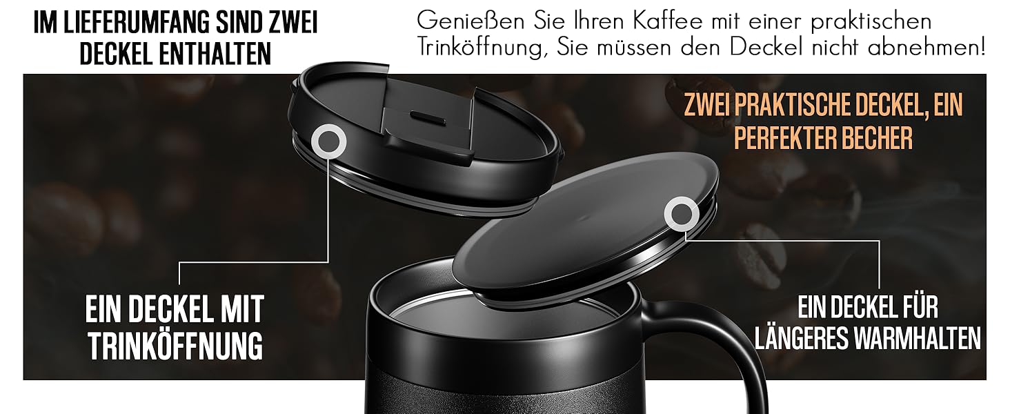 Термокружка з ручкою, подвійні стінки, вакуумна ізоляція, нержавіюча сталь 18/8, з 2 кришками, протиковзке дно, 440 мл, для офісу та робочого місця