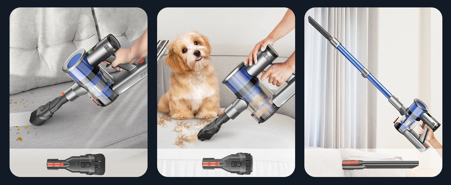 Бездротовий пилосос Dzaki 45000Pa з акумулятором, Smart-дисплеєм, функцією паркування та антизаплутанащістю для килимів, твердих поверхонь, шерсті тварин та авто (блакитно-сірий)