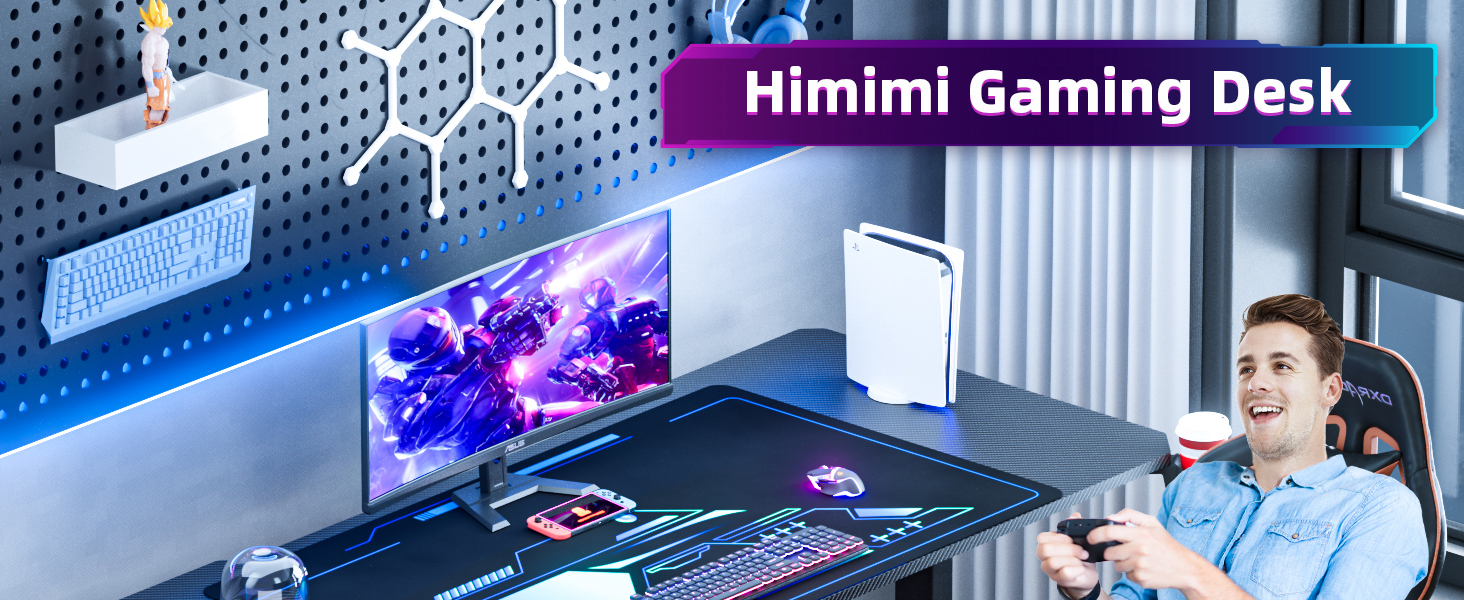 Ігровий стіл Himimi 180x70x80 см з LED підсвічуванням, стільниця з карбону, органайзер для кабелів, тримач для напоїв та кріплення для навушників (Чорний)