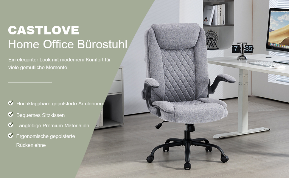 Офісний крісло CASTLOVE Ергономічне, для дому та офісу, сірого кольору, з підлокітниками, регулюванням висоти та нахилу, з підголівником, 150 кг, тканина