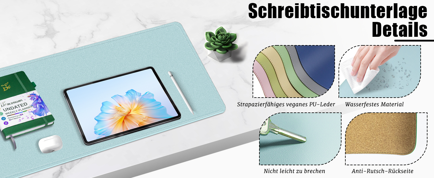 Шкіряний килимок для столу BLESWIN, великий протиковзаючий килимок для миші та ноутбука, підкладка для письма та декору робочого столу (140x43 см, блакитний)