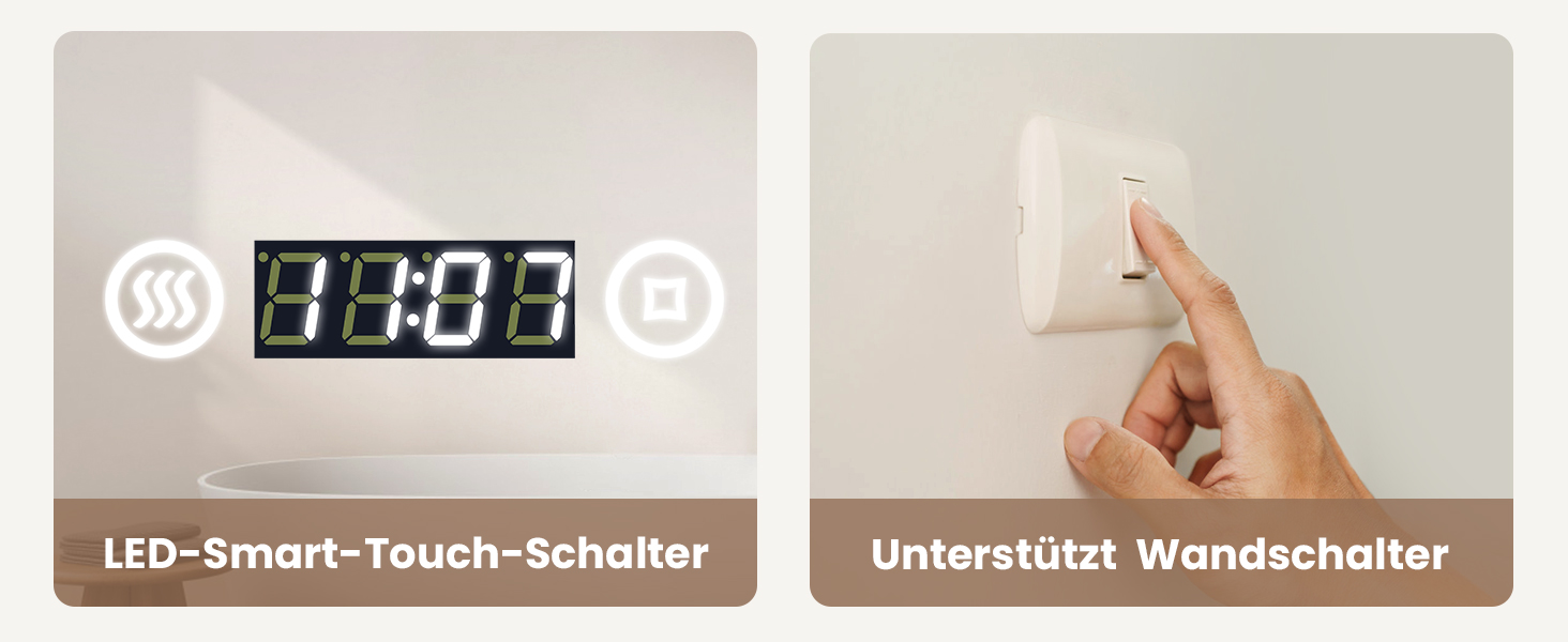 LED дзеркало для ванної кімнати EMKE 90x70 см з підсвічуванням, годинником та захистом від запотівання, IP44