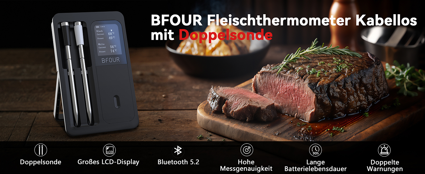 Бездротовий термометр для м'яса BFOUR з 2 зондами, Bluetooth, LCD-дисплей, керування через APP, цифровий термометр для приготування на грилі, в духовці, мангалі, BF-40 PRO, чорний