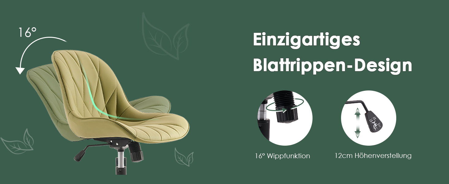 Офісне крісло YOUTASTE з принтом листя, ергономічне, регульоване по висоті з функцією гойдання, без підлокітників, шкіряне для дому та офісу (Авокадо)