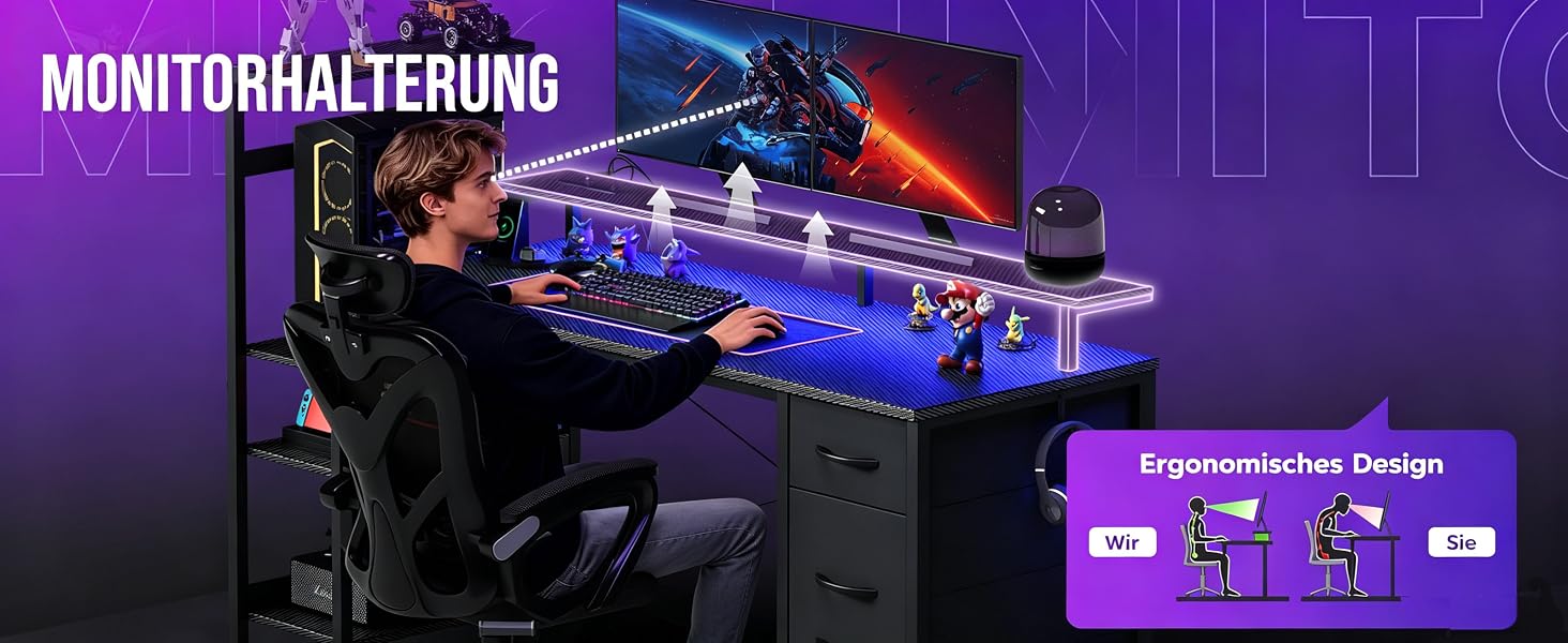Ігровий стіл APICIZON 150 см з поличкою, підставкою під монітор та RGB-підсвіткою, чорний. Комп'ютерний стіл з USB, тримачем для навушників та підставки для чашки, карбоновий дизайн
