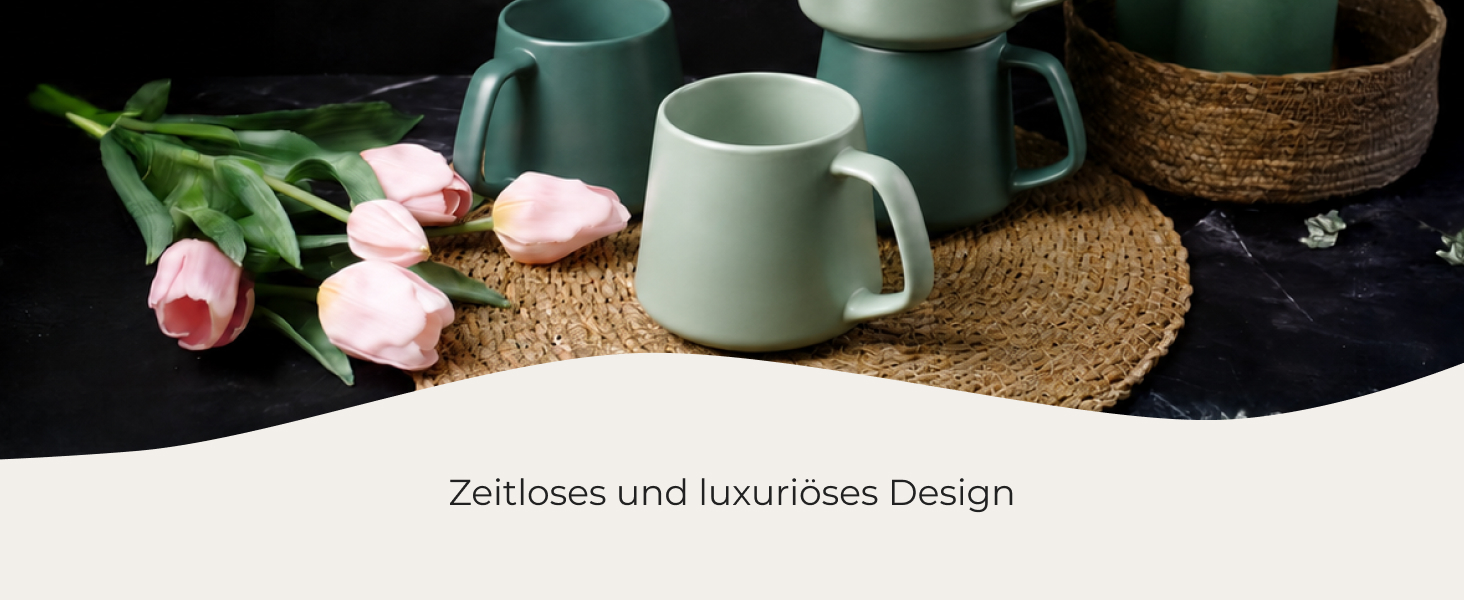 Набір керамічних чашок для кави та чаю MIAMIO Luxe Collection (4 шт, 420 мл) — великі чашки для капучино та еспресо, підходять для мікрохвильової печі та посудомийки, колір Evergreen