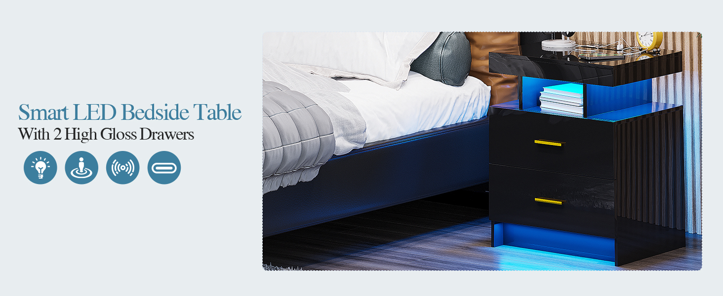 Нічний столик Lvifur з LED-підсвічуванням, сенсором руху та USB/Type-C зарядкою, 2 шухляди, бездротова зарядка, 3 кольори, регулювання яскравості, чорний колір